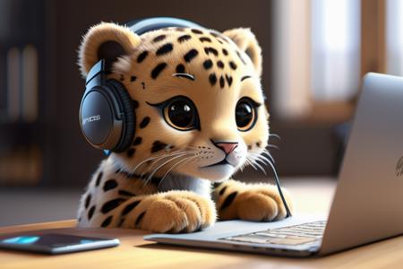 a highly detailed digital drawing of A leopard With headphones working on a laptop in a startup,  3d fluffy, closeup cute and adorable, cute big circular reflective eyes, long fuzzy fur, Pixar render, unreal engine cinematic smooth, intricate detail, cinematic, 4k