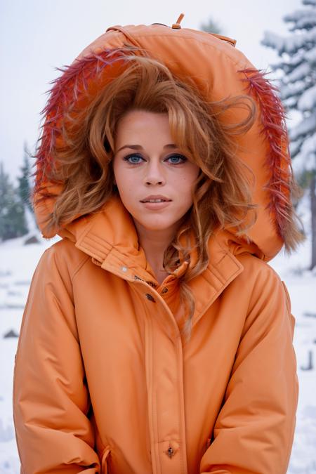 Jane Fonda, (woman:1.2), (female:1.2), (8k, RAW closeup portrait photo, best quality, masterpiece:1.2), (realistic, photo-realistic:1.37), (highest quality), (orange parka:1.4), (in the snow:1.3), (morning:1.2), (sunrise:1.3), (show no skin:1.3), <lora:Jane-Fonda-v10:0.7>