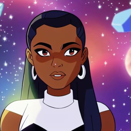 aaliyah with detailed glittering eyes floating through outer space with asteroids and rocks, dwspop style