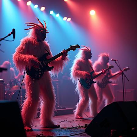 bizarre alien creatures covered in multi-colored feathers performing on stage as a rock band in a alien night-club, photo