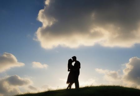 Couple in love kiss on top of a hill under a canopy of white clouds against a bright blue sky, 
the sun's rays filter through the cumulus formations, 
casting a soft glow on their silhouettes, 
lush and green hillside, 
the warmth of the golden hour that permeates the scene, 
ultra realistic, 
golden number, 
dramatic lighting
