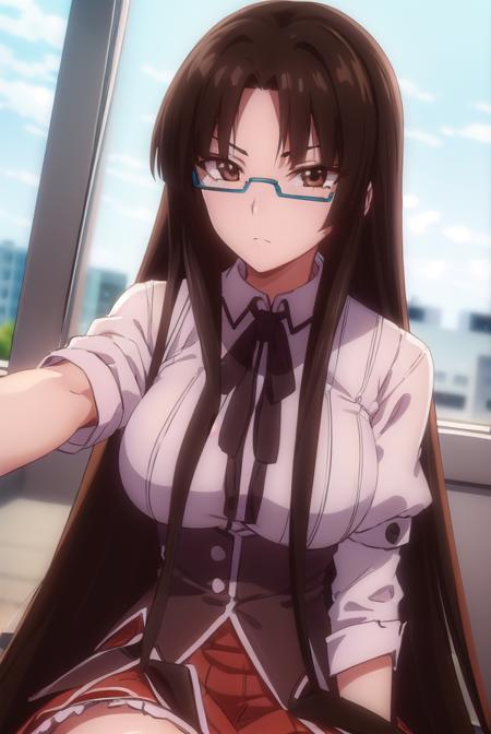 tsubakishinra, <lora:tsubaki shinra anime s2-lora-nochekaiser:1>,
tsubaki shinra, long hair, black hair, (brown eyes:1.5), glasses, semi-rimless eyewear, under-rim eyewear, (parted bangs:1.5), bangs, blunt bangs,
BREAK shirt, ribbon, school uniform, white shirt, black ribbon, neck ribbon, long sleeves, skirt, red skirt,
BREAK indoors, classroom,
BREAK looking at viewer, (cowboy shot:1.5),
BREAK <lyco:GoodHands-beta2:1>, (masterpiece:1.2), best quality, high resolution, unity 8k wallpaper, (illustration:0.8), (beautiful detailed eyes:1.6), extremely detailed face, perfect lighting, extremely detailed CG, (perfect hands, perfect anatomy),