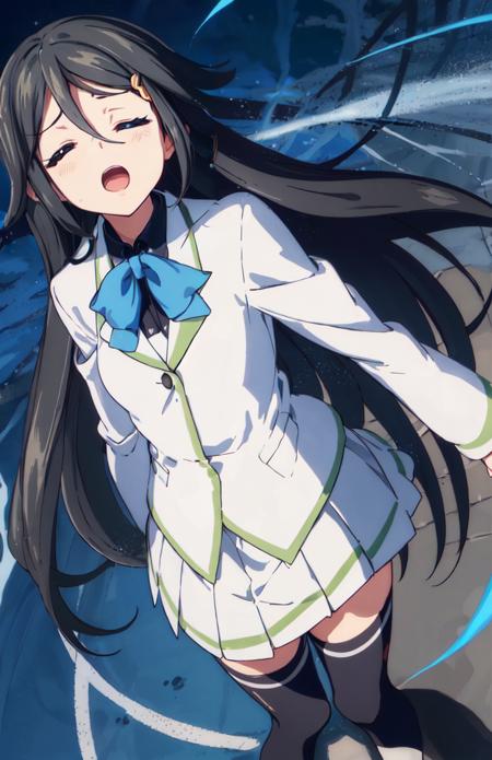 izumi reina, very long hair, black hair, blue eyes, one hairclip, school uniform, bow, thighhighs, green lines, white skirt, black shirt, long sleeves, white blazer, short sleeves, very open mouth, growing, Inhale magic vortex in front of face, closed eyes, 