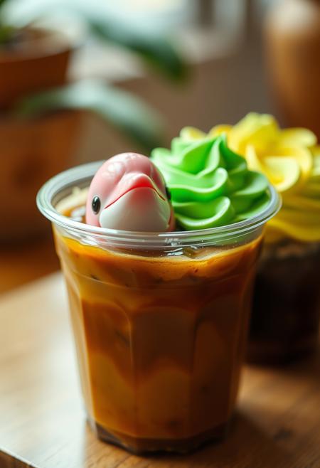 a realistic 4k photo of transparent plastic cup of full of coffee where curious pink dolphine is sticking out its head, green amazonian forest cream on side of cup