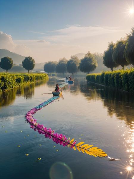 2girls,(masterpiece:1.2),best quality,multicolored,masterpiece,best quality,((an extremely delicate and beautiful)),floating,(detailed wet clothes),(detailed light),feather,nature,(sunlight),river,floating palace,beautiful and delicate water,(bloom),(shine),panorama,landscape,