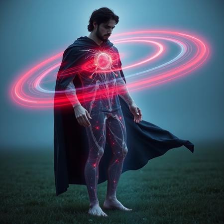 an ethereal and glowing representation of an royal dark haired masculine with perfect hands and dark hair, wearing an dark cape, standing barefoot in the grass. The man is emitting a vibrant electromagnetic field resembling Earth's magnetic field, characterized by sweeping aurora-like arcs and lines that curve outward from the head and wrapping around to the feet of the figure. Use shades of red, blue to mimic Earth's aurora borealis, with a subtle shimmering effect to enhance the dynamism of the magnetic field. The overall tone should feel both scientific and artistic, blending realism with an otherworldly aesthetic.