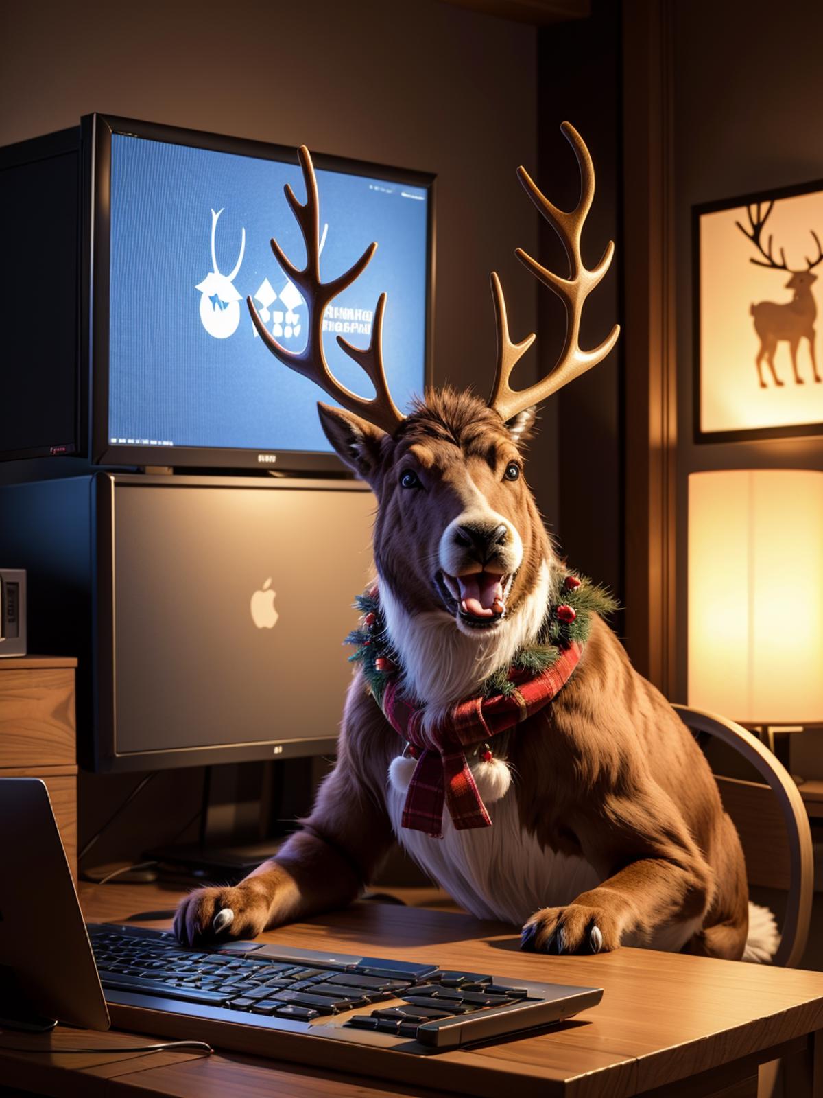 A dog with antlers sitting in front of a computer and a television.