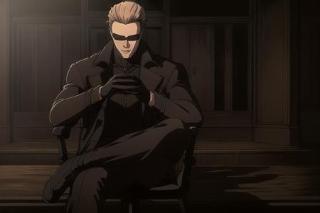 (Albert Wesker:1.4), upper body, highly detailed, highres, extremely detailed, detailed background, (detailed face:1.3), high quality, detailed face, anime, best quality, masterpiece, 4k, 8k, absurd resolution, cinematic lights, intricate detail, detailed hands, animation, illustration, (1man), mature male, shades, sunglasses, 1boy, black shirt, black trench coat, high definition, sharp focus, <lora:neg4all_bdsqlsz_V3.5:1>, OverallDetail, deep shadow, dimly lit, shade, animification, <lora:dreamlookai_lora_db_bb89d853_ckp_9966b693_step_3000_Wesker:0.7> wesker, <lora:Hiroyuki Kitazume:0.4>, <lora:beard_slider_v10:-3>, <lora:gender_slider_v1:-4>, slick back hair, <lora:AlbertWeskerRE:0.5> AlbertWeskerRE, <lora:neg_bdsqlsz_V2:1>, pureerosface_v1, <lora:hyperdenoiser_v090:0.6>, <lora:hyperrefiner_v090:0.6><lora:REAlbertWesker:0.6> REAlbertWesker, (sitting:1.4), smirking, chair,