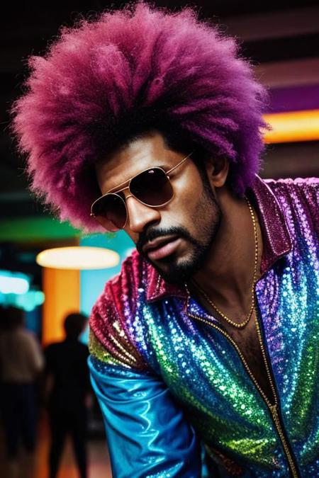 raw photo, upper body, disco, (80s, retro:1.1), dance floor, lasers, rainbow theme, a dancer man, 30 years old, sunglasses, big afro, (manly, wide jaw:1.2), dark skin, sparkly jacket, golden shirt, (vibrant colors:0.9), film grain, bokeh, fashion magazine, hdr, highly detailed photography, (muted colors, cinematic, dim colors, soothing tones:1.2), vibrant, insanely detailed, hyperdetailed, (dark shot:1.2), (vsco:0.3), (intricate details:0.9), (hdr, hyperdetailed:1.2)