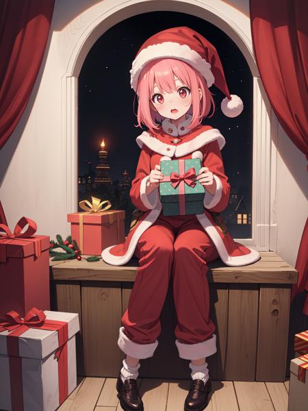 amazing intricate, girl, solo, santa, red fur trim coat, baggy red pants, red nightcap, trying to break in through the chimney, pink hair, flipped hair, present, dim room, big socks, surprised