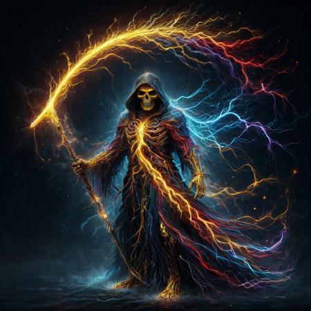 aidmamj6.1, made of golden and blue and red and yellow and purple lightning thunder trails, lthndrtrl, 
Grim Reaper cloaked in darkness, skeletal figure in a tattered black robe, giant scythe with a gleaming blade, swirling souls at his feet, cold moonlight filtering through fog,