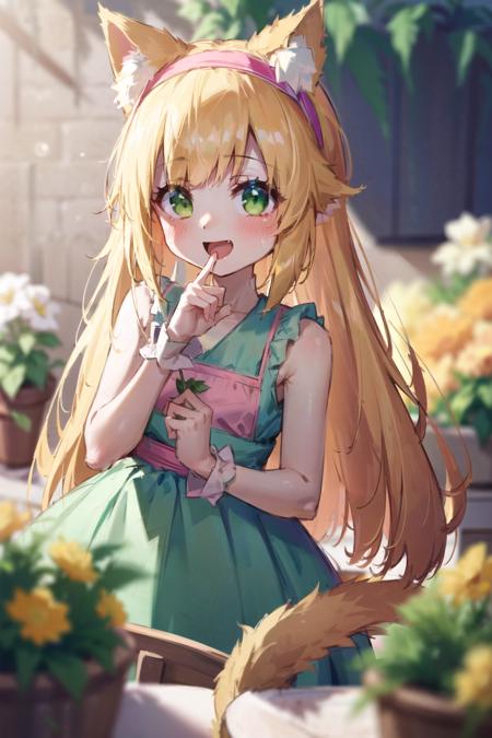 1girl, :d, animal ear fluff, animal ears, bangs, black hairband, blonde hair, blurry, blurry background, depth of field, dress, flower, flower pot, frilled dress, frills, green dress, green eyes, hairband, holding, long hair, open mouth, pink flower, plant, potted plant, sketch, sleeveless, sleeveless dress, smile, solo, tail, wrist cuffs, yellow flower,