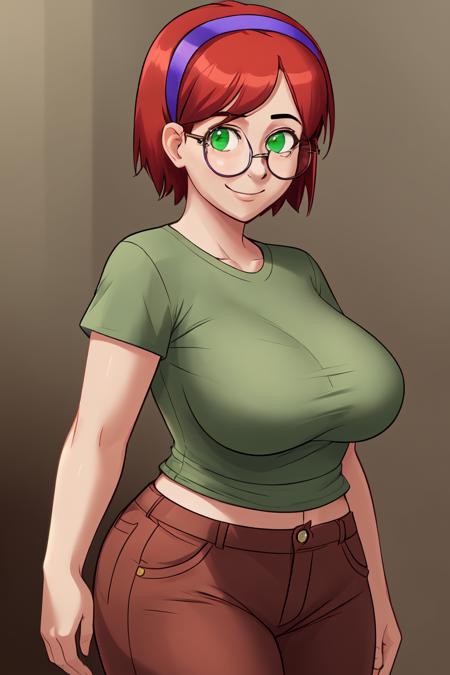 <lora:Judith_-_Summertime_Saga:0.6>, 1girl, breasts, short hair, red hair, glasses, round eyewear, green eyes, hairband, purple hairband, blue hairband,
 shirt, brown pants, short sleeves, pants, green shirt, t-shirt,
curvy,
smile, looking at viewer, facing viewer, cowboy shot,