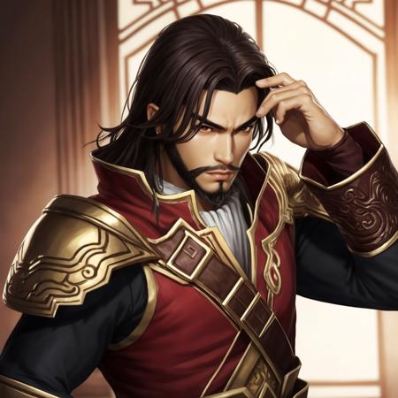 anime, ((medium up of lumeng)), dw7outfit, a man, (((thinking pose))), dark brown hair, goatee beard, by seunghee lee, Jang Tae-Hwan, Chocofing R, seungho lee, smooth soft skin, big dreamy eyes, beautiful intricate colored hair, symmetrical, anime wide eyes, soft lighting, concept art, digital painting, detailed face, <lora:lumeng:0.4>