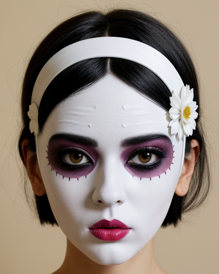 Lucia maria jorgos's fashion mask is textured white, Australian woman, in the style of chiho aoshima, demonic photograph, deborah azzopardi, dollcore, aries moross, playfully conceptual, appropriation artist high fashion, fashion week style raw