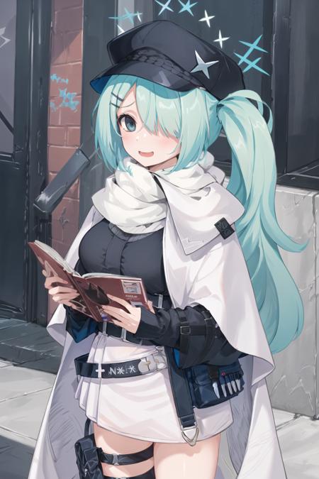 hiyori, 1girl, hair over one eye, side ponytail, aqua eyes, [(hairclip:0.5):(hairclip:0.75):0.3], halo
cabbie hat, black jacket, white skirt, white scarf, white capelet, long sleeves, large breasts, thigh strap
outdoors, backpack, deserted city streets, holding fashion magazine, ammunition belt, bullet,
BREAK blush, (looking up, looking away, averted gaze:1.5), (smile, naughty face, nervous smile:1.4), open mouth, daydreaming, imagining
(fashion magazine:1.2), book, (holding:0.9) open book
<lora:chara-hiyori-v1c-32:1>