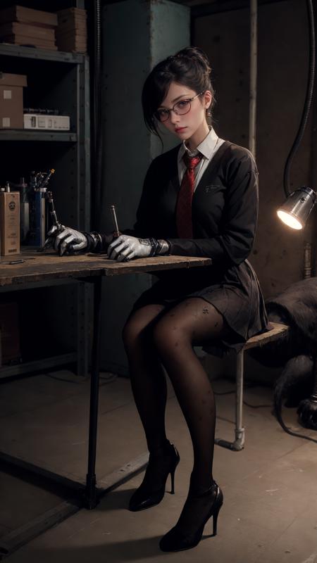 (black pantyhose),(tutuls:1.3),
cinematic style,realistic,masterpiece,best quality,extremely detailed,absurdres resolution,High quality texture,Cinematic Lighting,1girl Sitting at the table fixing robots,robot dog,cute genius japanese school girl,red necktie, glasses,protective gloves,in a A basement full of neo pipes,welding,precision instruments,complex circuit,vacuum tube punk,high heels,
<lora:OC:0.15> <lora:LowRA:0.3>
 <lora:å¾å¾çå¨ä¸ï¼30Dé»è²ç½æ ¼çº¹è¿è£¤_è¢ï¼_V1.0:0.8>