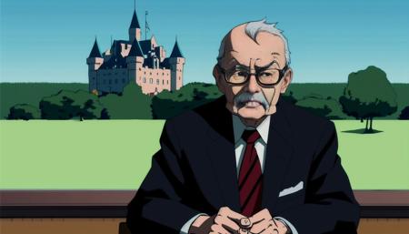 <lora:Boondocks Art Style_v1.0768:1> Boondocks Art Style, drawing, old man, in a forest, looking at the camera, castle  in the background