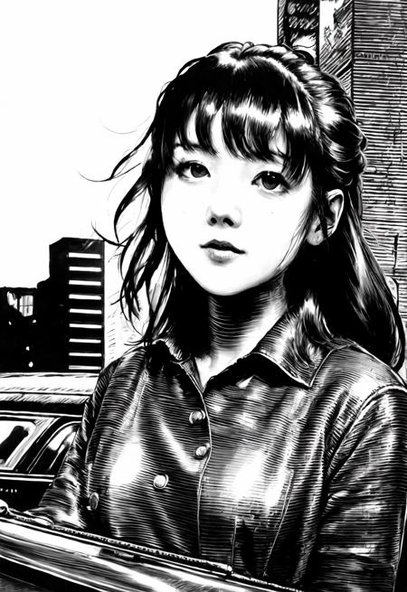 banhua, girl, car, street,  newyork,   <lyco:banhua-000004:1.0>,best quality,masterpiece, Monochromatic printmaking,