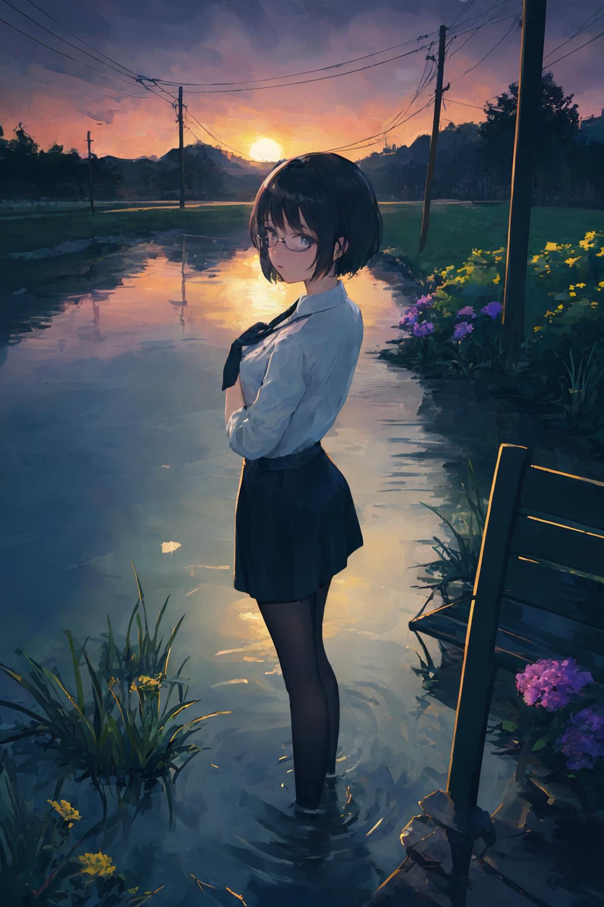 A woman in a black skirt and white shirt standing by a pond.