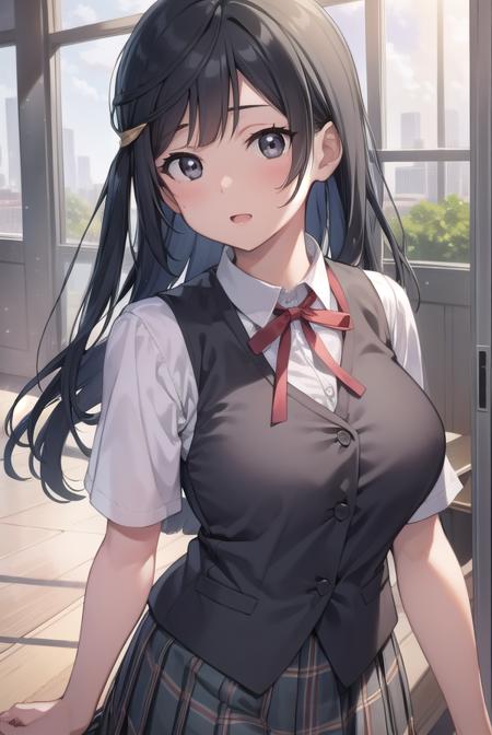 setsunayuuki, <lyco:setsunayuuki-lyco-nochekaiser:1>, 
setsuna yuuki, (black eyes:1.5), black hair, long hair, one side up, (medium breast:1.2), 
BREAK armband, blue vest, buttons, collared shirt, dress shirt, grey skirt, neck ribbon, nijigasaki academy school uniform, plaid, plaid skirt, pleated skirt, red ribbon, ribbon, school uniform, shirt, short sleeves, skirt, summer uniform, vest, white shirt,
BREAK looking at viewer, 
BREAK indoors, classroom, 
BREAK <lyco:GoodHands-beta2:1>, (masterpiece:1.2), best quality, high resolution, unity 8k wallpaper, (illustration:0.8), (beautiful detailed eyes:1.6), extremely detailed face, perfect lighting, extremely detailed CG, (perfect hands, perfect anatomy),