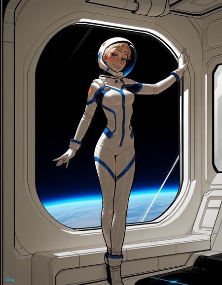 IllustriousQual, detailed face,
tall woman, solo, very short blonde hair, pixie cut, small breasts, long legs, mischievous smile,
wearing a spacesuit and helmet, 
on a space station, posing in an airlock, view of blue planet out of window,
<lora:incaseIllustrious:0.8> incase style,