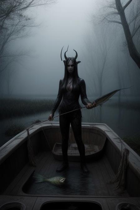 a demon holding a fish, standing on a boat, fog, swamp, fishing, demonic, female demon, taking lives, demonic,