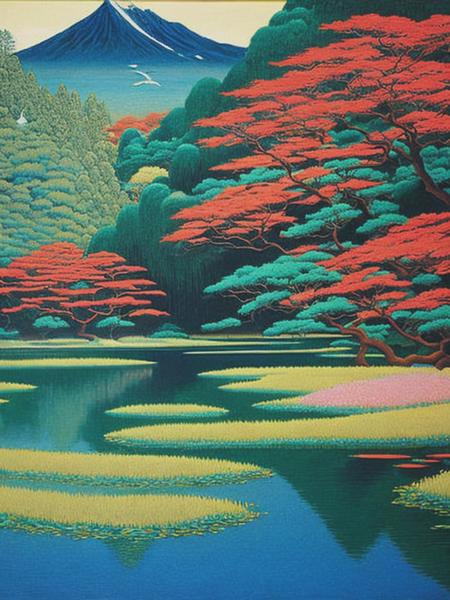 <lyco:KawaseHasui:1.0> garden of forbidden delights, by georgia o'keeffe, kawase hasui