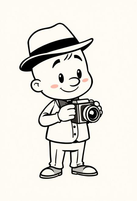 Charming vintage cartoon street photographer mascot with camera, in 1940s screen printing. Extremely simplified shapes, chibi proportions, thick outline, fedora hat, bow tie, minimal shapes except dots and curved lines, single color ink drawing In the style of 1950s comic book covers. Perfect for retro t-shirt printing. Beige background