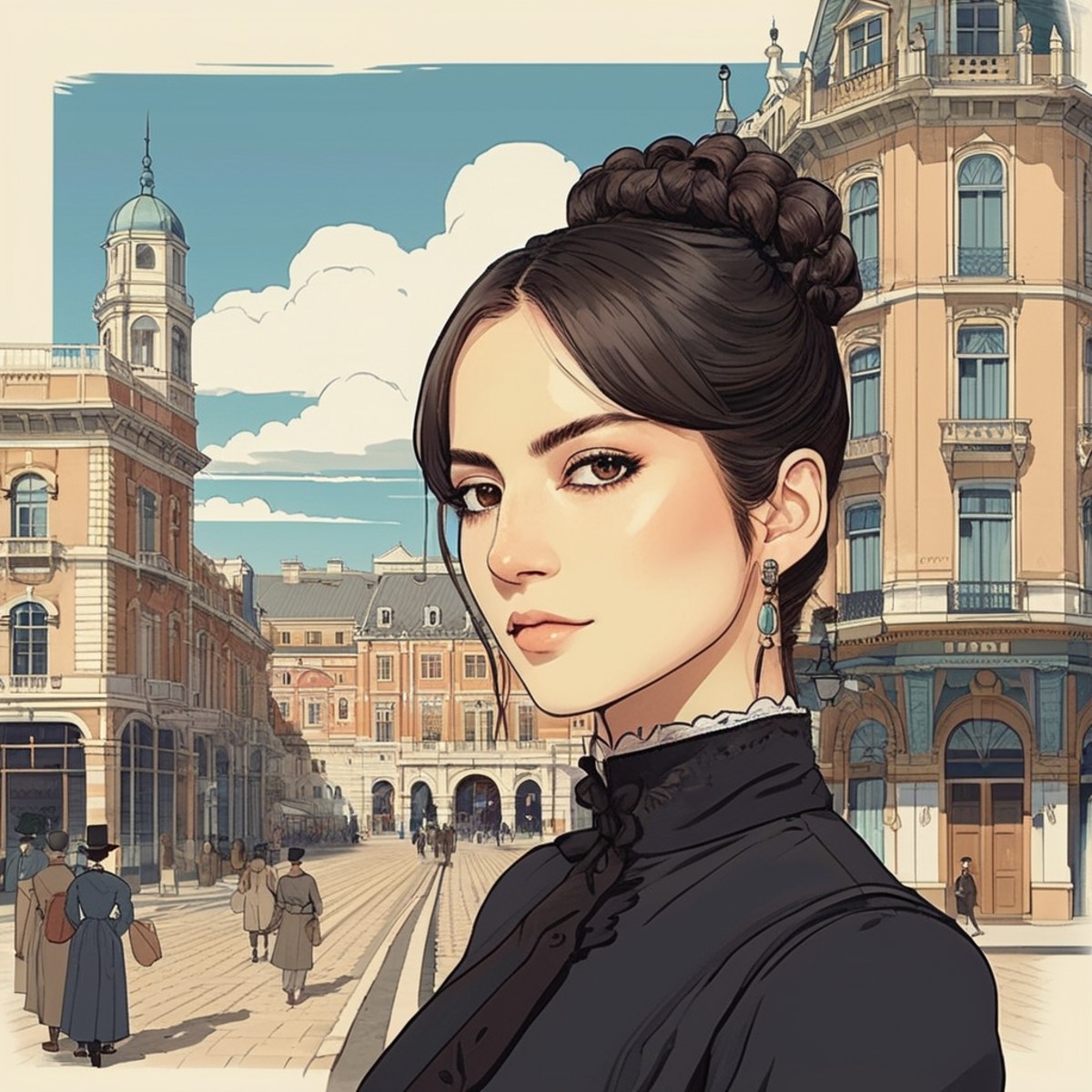 Studio ghibli style illustration of the face of a woman looking at the viewer with a victorian city square in the backgrou...