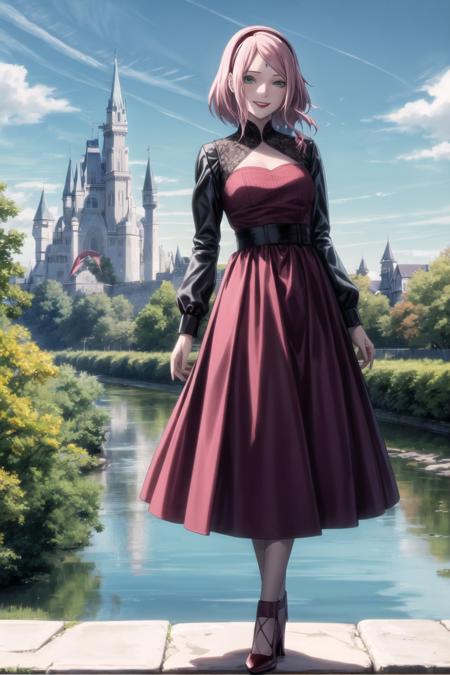 sakuraTheLast, masterpiece, best quality, absurdres, forehead mark, red hairband, green eyes, ( long hair,  black dress:1.2), pink high heels, lipstick, smirk, looking at viewer, happy, castle background, blue sky, nature, river, <lyco:BetterHands:1.0>, <lora:DetailLora:1>, <lora:sakuraTheLastV7-000018:0.8>,