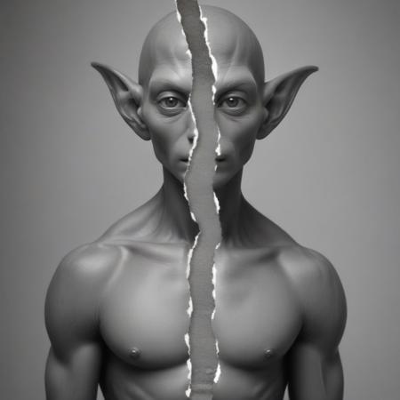 Photograph of Roswell gray alien, dark background, grayscale, 
<lora:TornArt01-03_CE_SDXL_128OT:0.9> trnartCE