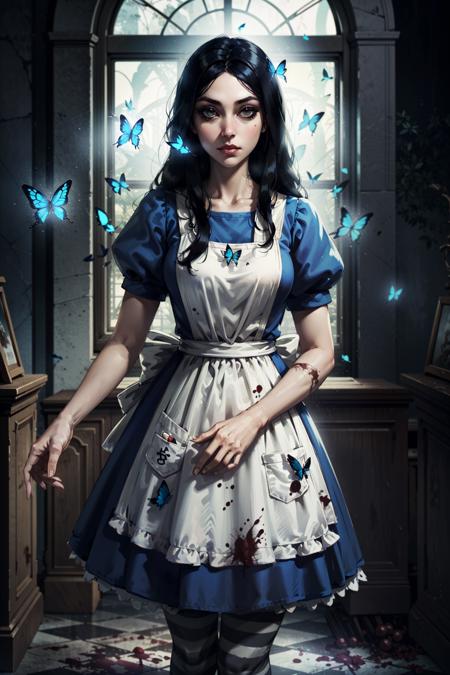 AliceHorror, 1girl, black hair, butterfly, striped, long hair, solo, bug, pantyhose, striped pantyhose, dress, blood, apron, makeup
,masterpiece, best quality, cinematic lighting,
<lora:AliceHorror:0.7>