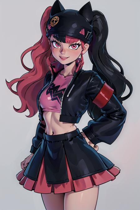 ((masterpiece,best quality)), absurdres,
<lora:Zoe_Palworld_v3:0.8>,
Zoe_Palworld, long hair, looking at viewer, smile, long sleeves, hat, jacket, black jacket, black headwear, cat hat, animal ear headwear, pink eyes, 
midriff, crop top,
solo, smiling, looking at viewer, cowboy shot,