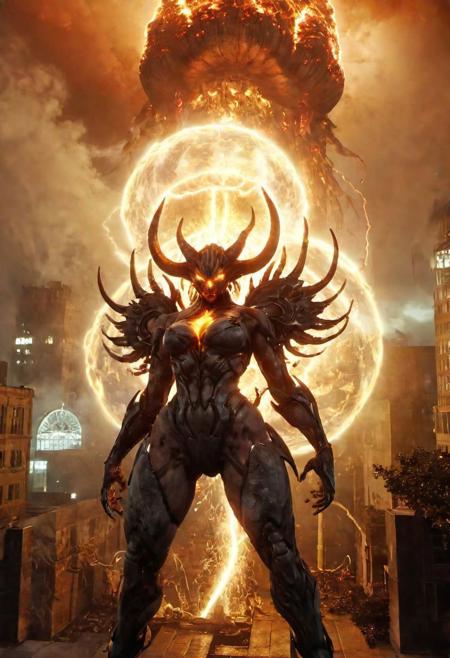 energy ball, spark, lightning, 4 wings made of smoke, glowing hair, spike hair, female giant, female giant, small breasts, perky breasts, glowing horns, lava, bones, horns, multiple horns, multiple heads, multiple eyes, perfect breasts, slim, giant, giant humanoid, skinny, skinless monster, city, destroyed city, ruined city, steam, lots of steam, bleakfaith,gigantic glowing cloud,lying between floating omnistructures,surrounded by clouds,science fiction,panorama of a metropolis below,highly detailed, sharp definition ,cinematic,50nm dof,bokeh,realistic,sharp focus,ultra detailed,128k uhd,awardwinning,trending on artstation, <lora:bleakfaith-000004:0.8>, <lora:add-detail-xl:2>,<lora:RMSDXL_Creative:2>, worlds of galaxies, fantasy portal to far universe, dramatic light, faded sunrise, cinematic lighting, shattered, angle-forward, direction on Artstation, 4k, hyper-realistic, pixelated, Unreal Engine 5, cinematic, masterpiece, art by Studio Ghibli, intricate artwork by John William Turner