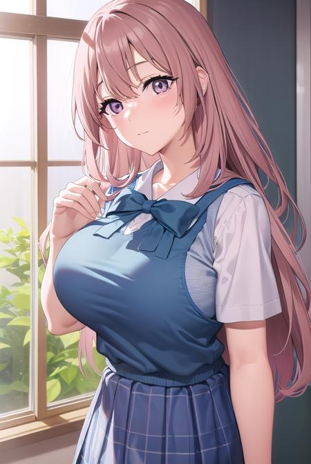 shinjuinui, <lyco:shinjuinuis1-lyco-nochekaiser:1>, 
shinju inui, long hair, pink hair, (pink eyes:1.5), (large breasts:1.2),
BREAK skirt, shirt, bow, school uniform, white shirt, short sleeves, pleated skirt, serafuku, bowtie, sailor collar, vest, blue skirt, sweater vest,
BREAK indoors, classroom,
BREAK looking at viewer, (cowboy shot:1.5),
BREAK <lyco:GoodHands-beta2:1>, (masterpiece:1.2), best quality, high resolution, unity 8k wallpaper, (illustration:0.8), (beautiful detailed eyes:1.6), extremely detailed face, perfect lighting, extremely detailed CG, (perfect hands, perfect anatomy),