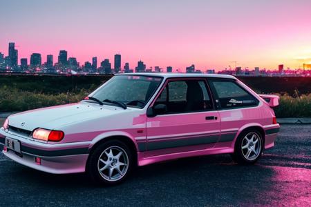 A {white|black|red|blue|pink) car is parked by the road :: pink sunset and city in the background :: 1980 :: Luxyry style :: Hyperdetailed : Ultra realistic :: cinematic :: Neon lighting :: Unreal engine :: RTX --ar 2:3, (VAZ2113),  <lora:VAZ2113:0.8>