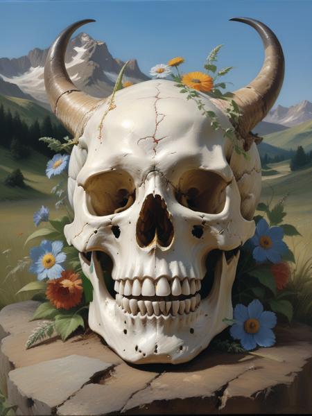 <lora:03realismPainting_Hap_XL:2.6>, realism American art painting oil painting,masterpiece,highly detailed, <lora:add-detail-xl:0.0001> ,<lora:hand 4:0.0001>,  In a serene sunlit meadow filled with vibrant wildflowers, a massive dragon skull lies partially buried, the skull's formidable horns stretch upward, adorned with climbing vines and blooming flowers, The intricate details of the skullâs structure with large hollow eye sockets and sharp teeth, The soft hills and distant mountains under a clear blue sky provide a peaceful backdrop,
