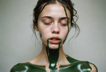 Ultra detailed film photograph with tiny depth of field, shot in an empty studio space with complex lighting. The bare bust of a beautiful woman, her hair and face and slender neck and delicate collarbone and small firm breasts. She looks stoic and severe, soft eyes that are perfectly in focus. Her mouth is overflowing with thick paint, From her lips flows richly green colored paint, drooling and trickoing from her lips down her chin, dripping on her tiny breasts, trickling down her neck. Everything else slips out of focus. Surreal and artistic.