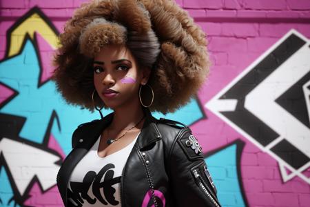 A 3d render of a A young woman with an afro and a bohemian style, standing in front of a graffiti wall with a streetlight providing backlighting. Use a high-angle shot and pay attention to the play of light and shadow on her face and clothing. highly detailed, 8K, stunning, hdr, subsurface scattering, global illumination, film still, Film-like