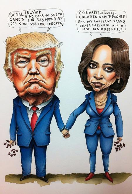 (hand drawn:1.5) (rough:1.5) ink and color (sketch:1.5) of Donald Trump and Kamala Harris counting and dividing red and blue beans, caricature in cuneo style, (full character:1.4),   (irregular lines:1.5), candid pose, extremely detailed, (surreal:1.5), paper texture background