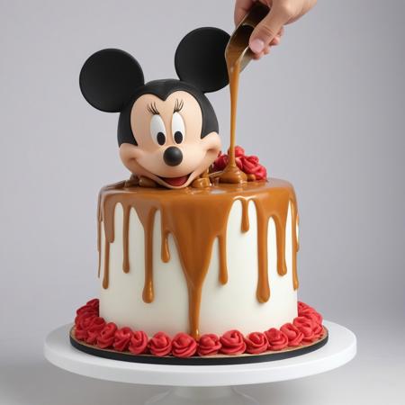 melted caramel pouring over a Minnie Mouse cake, RAW photo, masterpiece, Intricate Details, high quality, realistic, 4K, professional photo,
