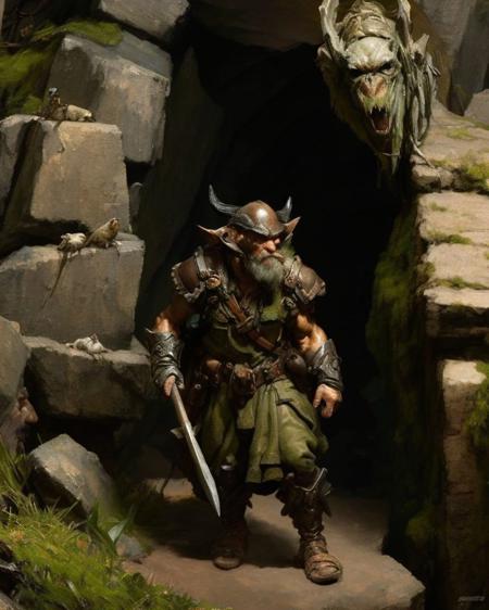 a diminutive olive-green-skin goblin emerging from the shadows of a long cave, wiry arms and taloned hands, short monster is scrawny, chiaroscuro, very detailed and highly textured goblin wearing a metal cap and brown leather tunic, black eyes, monster portrait, painting by laxpeint, goblin monster portrait