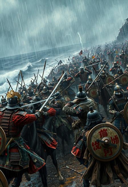A vivid, cinematic battle on a stormy coastal plain, showing adult Japanese samurai clashing with adult Mongolian warriors in a 13th-century conflict. Rain lashes the scene as warriors engage in intense combat, with ocean waves crashing and distant ranks fading into mist. The atmosphere is chaotic and richly detailed.
Japanese Samurai: Elite samurai, all mature warriors, wield katana and naginata, blades gleaming. Ashigaru spearmen, also adults, form disciplined ranks with yari spears. Samurai wear o-yoroi armor: lacquered iron plates in crimson and black, tied with silk cords, paired with kabuto helmets featuring gold crests and protective menpo masks. Ashigaru wear simpler do-maru armor in muted greens. Tate shields display white clan mon. Weapons include tachi swords, tanto daggers, and yumi bows. Colors are crimson, black, and gold, with blue-white silk sashes billowing.
Mongolian Warriors: Adult Mongol horse archers fire composite bows, while infantry brandish curved sabers and maces. They wear lamellar armor of iron and leather in browns and blues, with conical helmets topped with horsehair plumes. Round shields bear red-black tribal patterns. Cavalry wear fur-lined vests and felt boots. Weapons include short spears and handaxes. Colors are brown, blue, and red, with embroidered saddlecloths.
Stormy skies and lightning highlight wet armor. Mud and battle scars add realism.