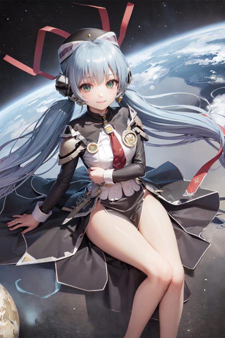 (masterpiece, best quality:1.2), <lora:planetarian_hoshino-12:1>, solo, 1girl, hoshino yumemi, smile, looking at viewer, twintails, hat, dress, red necktie, long sleeves, skirt, outer space, earth \(planet\)