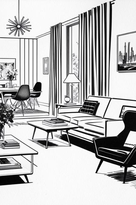 <lora:carlosgimenez:0.8> gimenez black and white drawing. Mid century 50s living room,