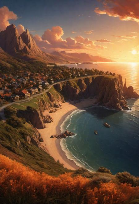 Bathed in the warm glow of a setting sun, a coastal haven reveals itself in all its glory by Al Williamson,  (panoramic , artstyle-art deco but extremely beautiful:1.4), (intricate details, masterpiece, best quality:1.4)
Terragen, beautiful massive landscape, epic scenery, Terragen, , looking at viewer
<lora:add-detail-xl:1> <lora:xl_more_art-full_v1:0.5>  <lora:looking_at_viewer:2>