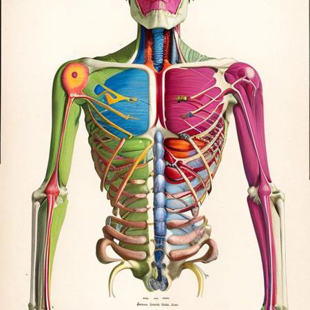 colorful illustration of  lthe skeletal system of the incredible hulk, arcane labels, visceral, art by anatomical-illustration, armpit