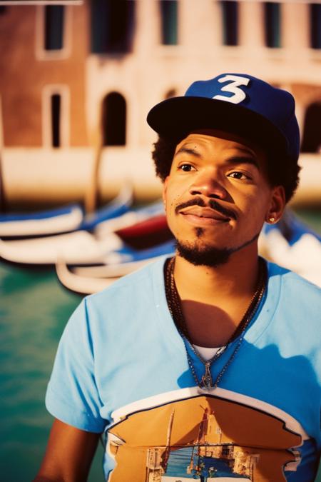 lomo style portrait of Chance the Rapper on a gondola in venice