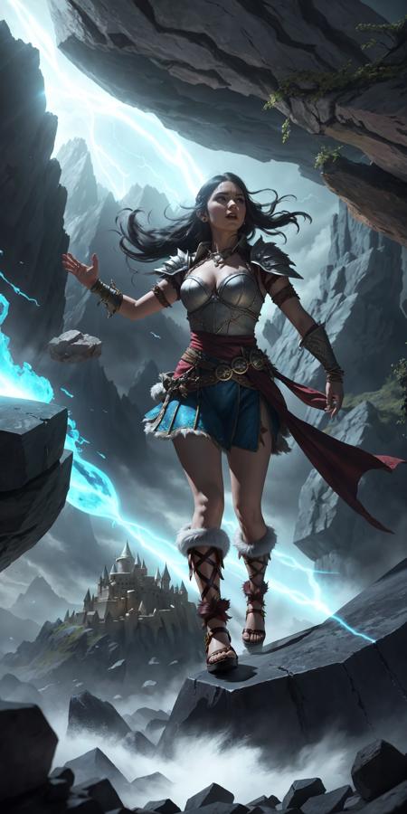 dungeons and dragons epic movie poster barbarian woman levitating with fur and leather armor, battle stance standing on a levitating boulder broken earth bright light from below moving rocks in the air (jagged rocks boulders and debris shooting into the air:1.3) (windy dust debris storm:1.1) volumetric lighting fog depth mist pass z pass fantasy stone castle bright morning sunlight from side, (masterpiece) (best quality) (detailed) (8k) (cinematic lighting) (sharp focus) (intricate)